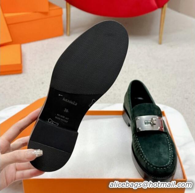 Unique Style Hermes Hot Loafers in Suede with Oversized Kelly Buckle Dark Green 215066