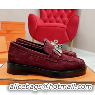 Good Looking Hermes Hot Loafers in Suede with Oversized Kelly Buckle Burgundy 215067