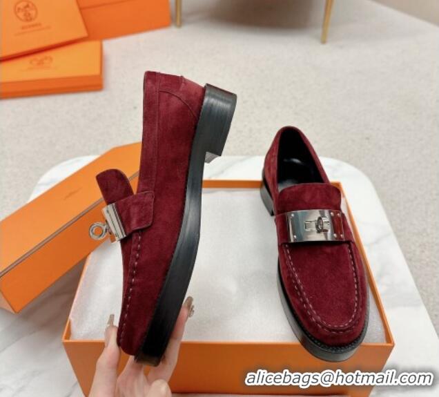 Good Looking Hermes Hot Loafers in Suede with Oversized Kelly Buckle Burgundy 215067