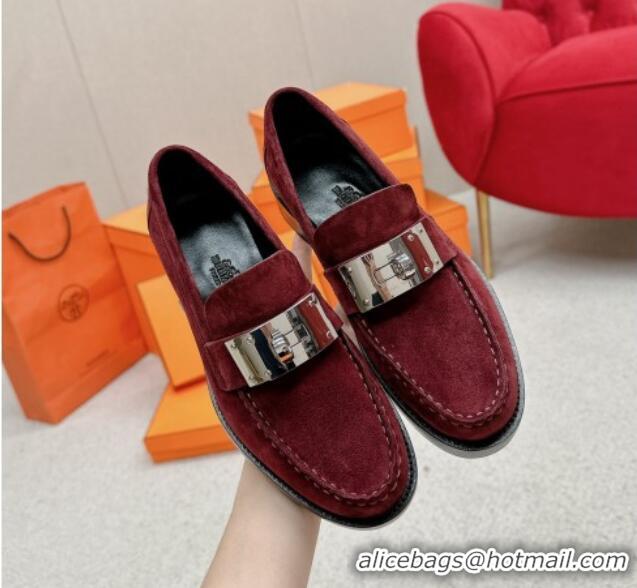 Good Looking Hermes Hot Loafers in Suede with Oversized Kelly Buckle Burgundy 215067