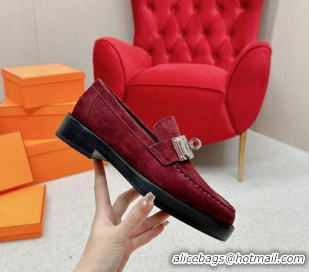 Good Looking Hermes Hot Loafers in Suede with Oversized Kelly Buckle Burgundy 215067