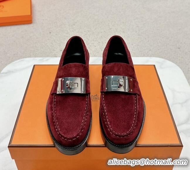 Good Looking Hermes Hot Loafers in Suede with Oversized Kelly Buckle Burgundy 215067