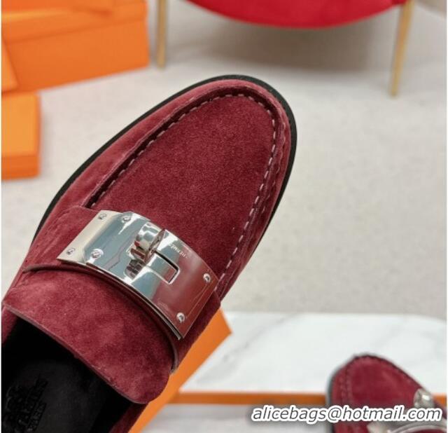 Good Looking Hermes Hot Loafers in Suede with Oversized Kelly Buckle Burgundy 215067