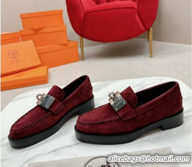 Good Looking Hermes Hot Loafers in Suede with Oversized Kelly Buckle Burgundy 215067