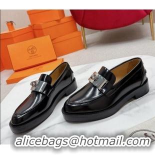 Discount Hermes Hot Loafers in Shiny Leather with Oversized Kelly Buckle Black 215068