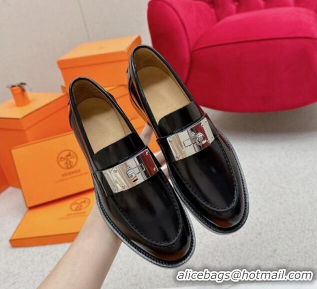 Discount Hermes Hot Loafers in Shiny Leather with Oversized Kelly Buckle Black 215068