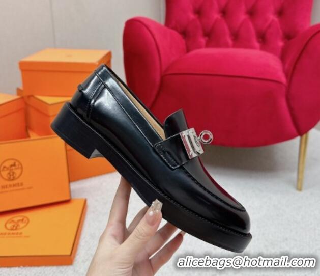 Discount Hermes Hot Loafers in Shiny Leather with Oversized Kelly Buckle Black 215068