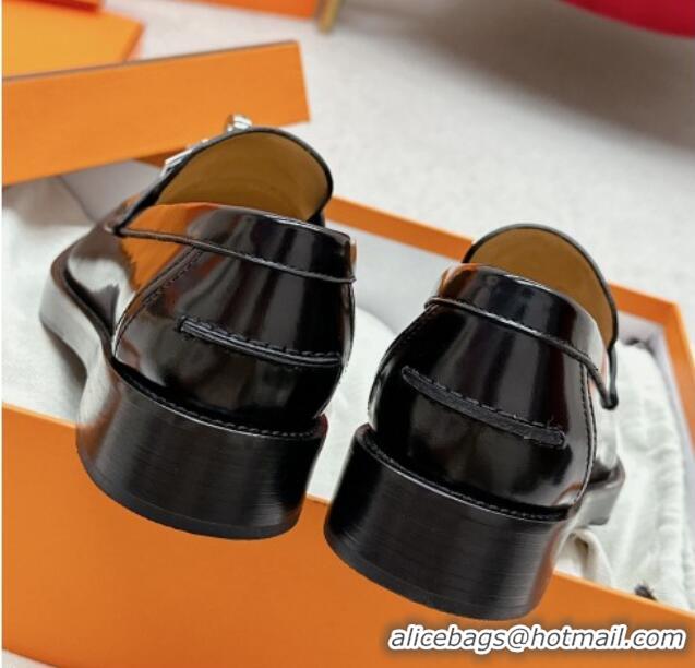 Discount Hermes Hot Loafers in Shiny Leather with Oversized Kelly Buckle Black 215068