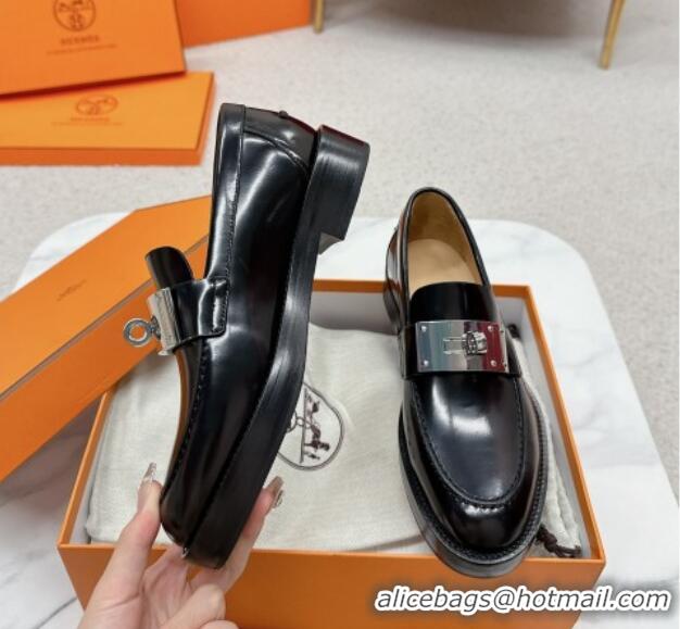 Discount Hermes Hot Loafers in Shiny Leather with Oversized Kelly Buckle Black 215068