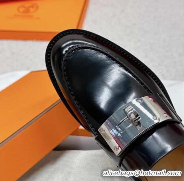 Discount Hermes Hot Loafers in Shiny Leather with Oversized Kelly Buckle Black 215068