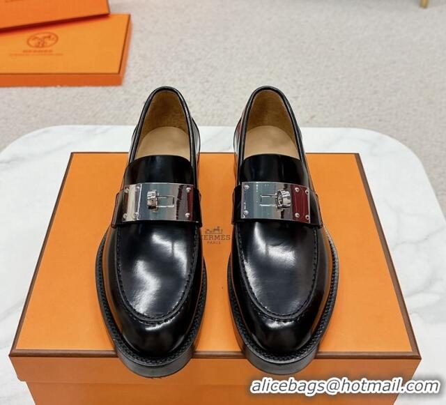 Discount Hermes Hot Loafers in Shiny Leather with Oversized Kelly Buckle Black 215068