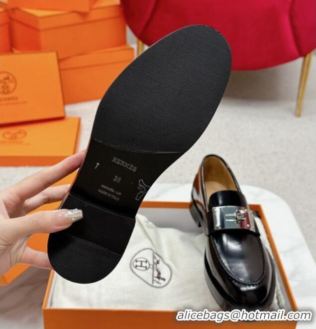 Discount Hermes Hot Loafers in Shiny Leather with Oversized Kelly Buckle Black 215068