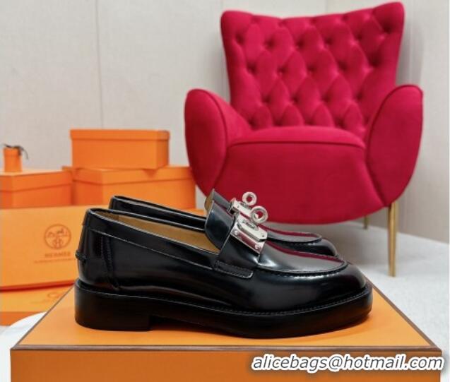 Discount Hermes Hot Loafers in Shiny Leather with Oversized Kelly Buckle Black 215068