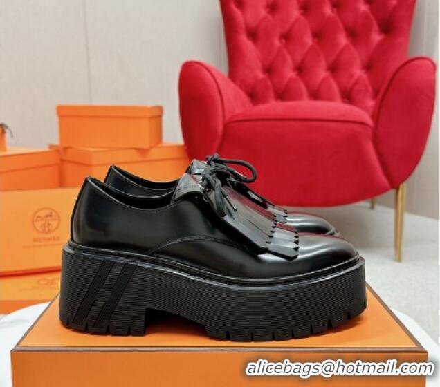 Sophisticated Hermes Calfskin Platform Lace-up Shoes with Fringe Black 215069