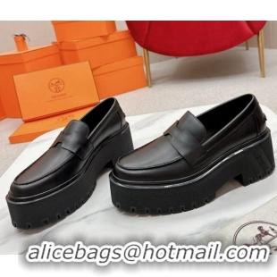 Best Product Hermes Gentle Platform Loafers in Calfskin Black 215070