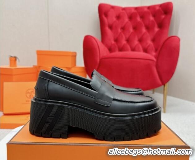 Best Product Hermes Gentle Platform Loafers in Calfskin Black 215070