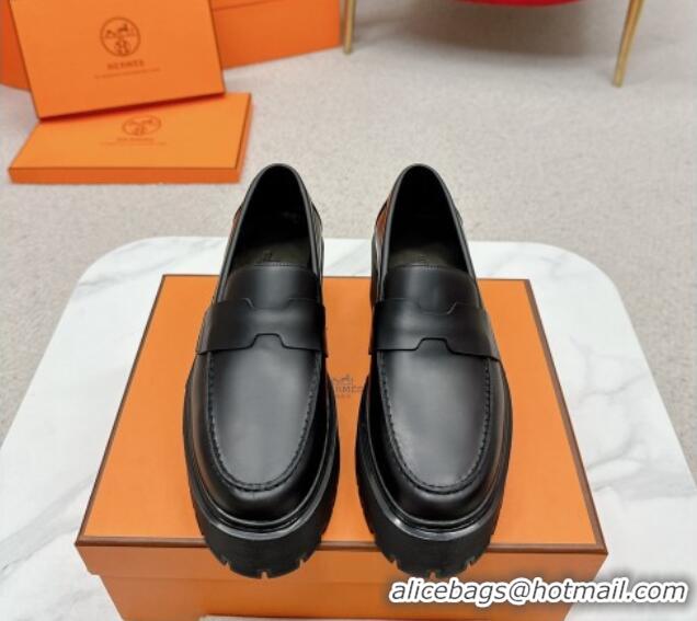 Best Product Hermes Gentle Platform Loafers in Calfskin Black 215070