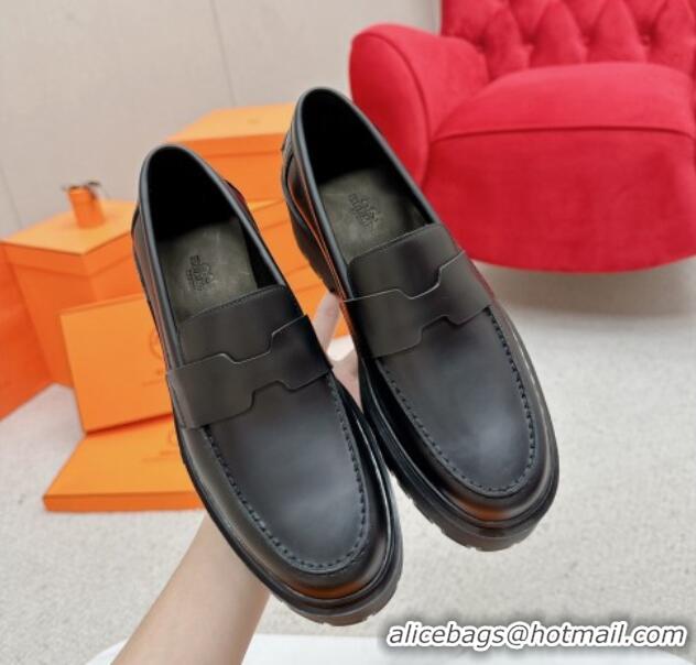 Best Product Hermes Gentle Platform Loafers in Calfskin Black 215070