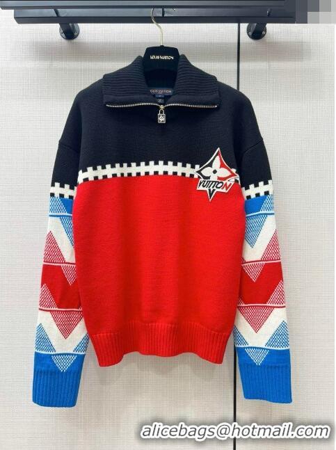 ​Best Price Louis Vuitton LV Ski Tricolor Knit High Neck Pullover LV110927 Red 2023