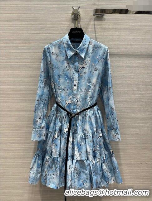 Top Quality Louis Vuitton Unicorn Print Belted Shirt Dress 1AFCGN Blue 2023