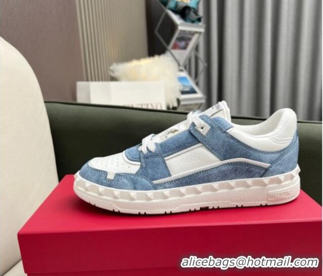 Perfect alentino Freedots Low Top Sneakers in White Leather and Blue Denim 121107