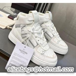 Buy Discount Valentino VL7N High Banded Calfskin and Mesh Sneakers White/Grey 1121132