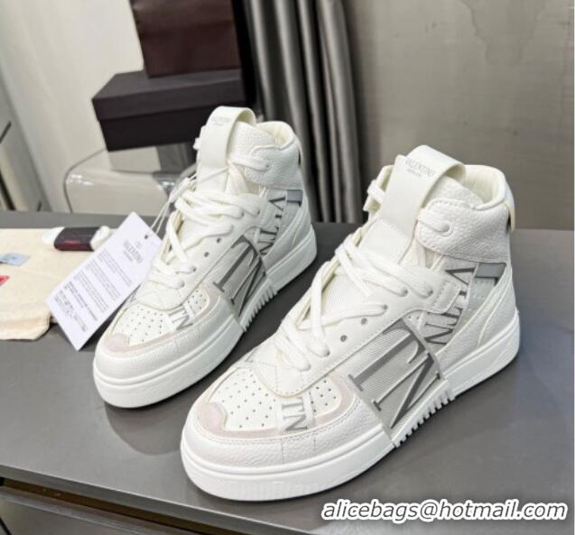 Buy Discount Valentino VL7N High Banded Calfskin and Mesh Sneakers White/Grey 1121132