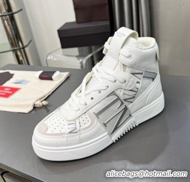 Buy Discount Valentino VL7N High Banded Calfskin and Mesh Sneakers White/Grey 1121132