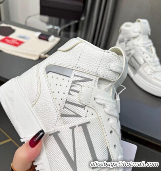 Buy Discount Valentino VL7N High Banded Calfskin and Mesh Sneakers White/Grey 1121132