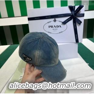 Unique Style Prada Washed Denim Baseball Hat PR08241 Blue 2023