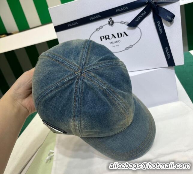 Unique Style Prada Washed Denim Baseball Hat PR08241 Blue 2023