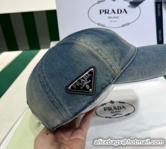 Unique Style Prada Washed Denim Baseball Hat PR08241 Blue 2023