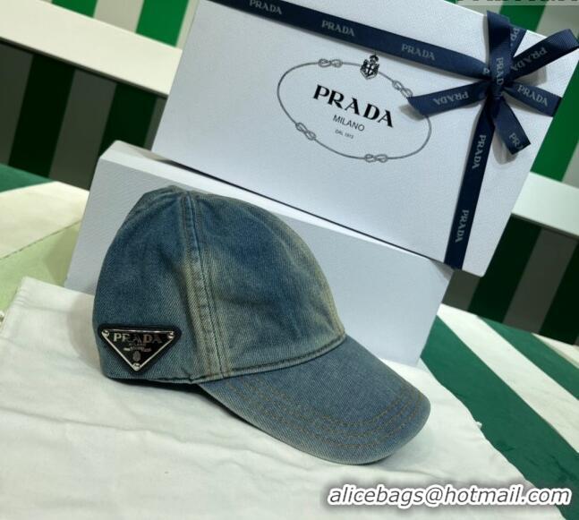 Unique Style Prada Washed Denim Baseball Hat PR08241 Blue 2023