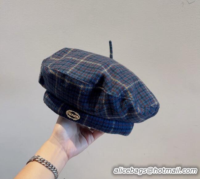 Good Product Prada Check Beret Hat PR09121 Navy Blue 2023