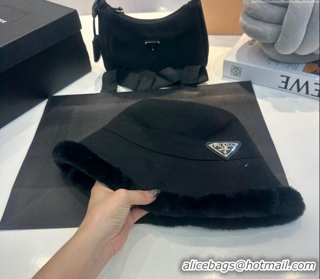 Reasonable Price Prada Canvas and Fur Bucket Hat 1018 Black 2023