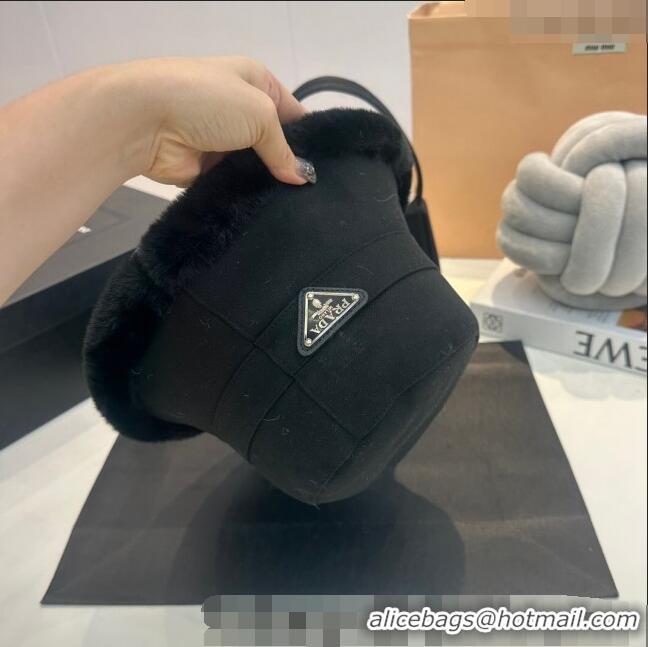 Reasonable Price Prada Canvas and Fur Bucket Hat 1018 Black 2023