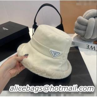 Cheapest Prada Canvas and Fur Bucket Hat 1018 White 2023