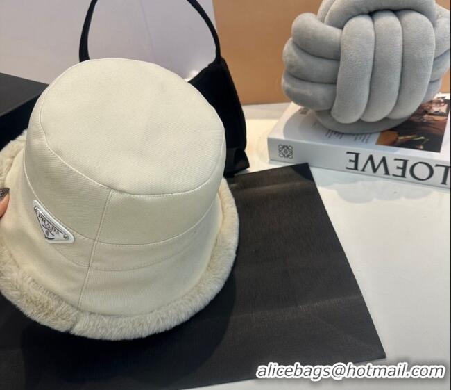 Cheapest Prada Canvas and Fur Bucket Hat 1018 White 2023