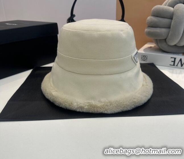 Cheapest Prada Canvas and Fur Bucket Hat 1018 White 2023