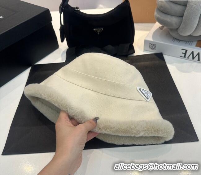 Cheapest Prada Canvas and Fur Bucket Hat 1018 White 2023