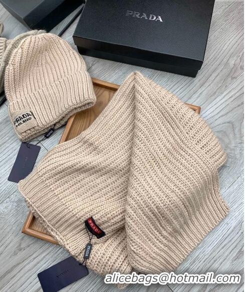 Popular Style Prada Knit Hat and Scarf Set P1108 Beige 2023