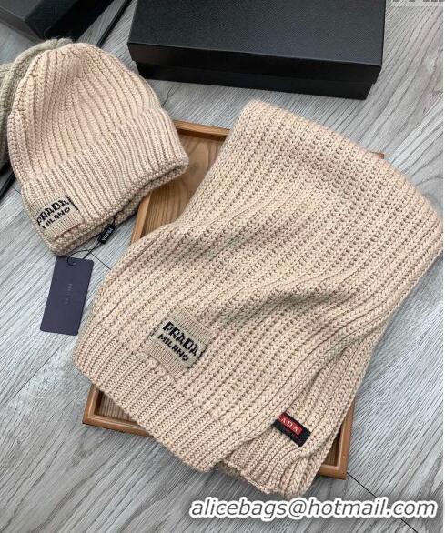 Popular Style Prada Knit Hat and Scarf Set P1108 Beige 2023