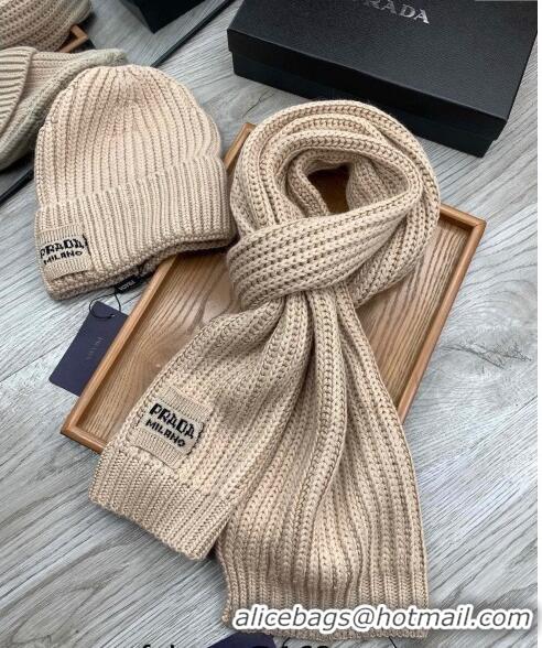 Popular Style Prada Knit Hat and Scarf Set P1108 Beige 2023