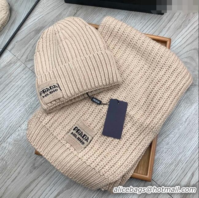 Popular Style Prada Knit Hat and Scarf Set P1108 Beige 2023