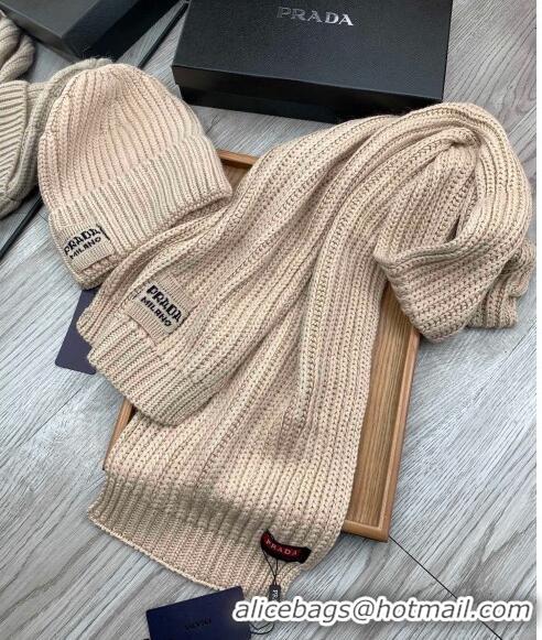 Popular Style Prada Knit Hat and Scarf Set P1108 Beige 2023