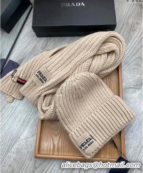 Popular Style Prada Knit Hat and Scarf Set P1108 Beige 2023