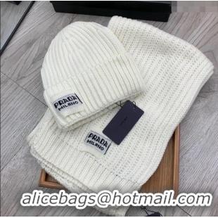 Super Quality Prada Knit Hat and Scarf Set P1108 White 2023