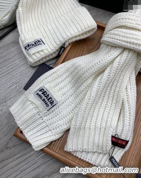 Super Quality Prada Knit Hat and Scarf Set P1108 White 2023