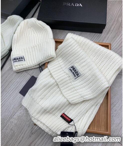 Super Quality Prada Knit Hat and Scarf Set P1108 White 2023