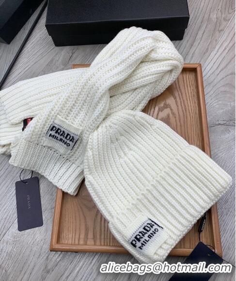 Super Quality Prada Knit Hat and Scarf Set P1108 White 2023